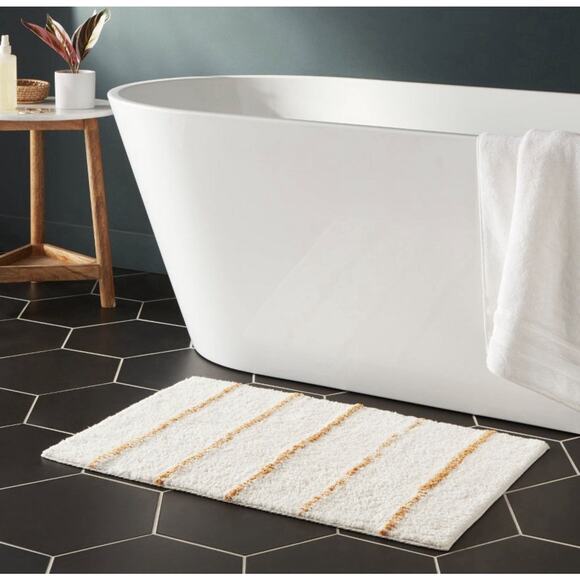 Threshold Bath Rug Modern Tufted Cream/Yellow Stripe 100% Cotton 20”x 30” NEW - Picture 3 of 11